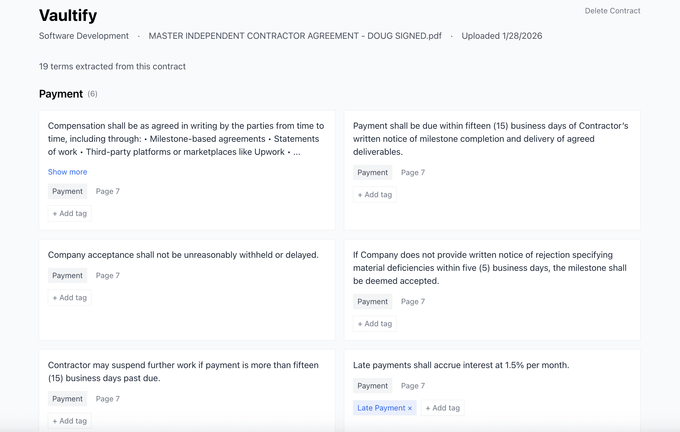 AI extracted contract terms organized by category with custom tags